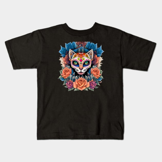 Sugar Skull Art featuring a mesmerizing Flower Skull Cat Kids T-Shirt by ImaginativeInkPOD